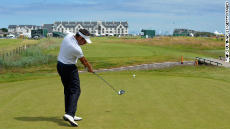 Jean Van de Velde driving off the 18th tee at Carnoustie during the 2016 Senior Open Championship.