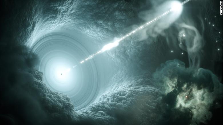 The supermassive black hole at the center of galaxy sends a narrow high-energy jet of matter into space.