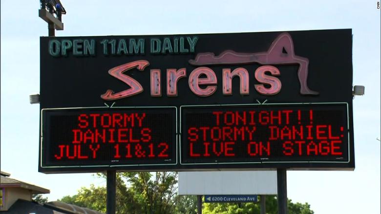 A sign for Sirens Gentlemen&#39;s Club advertised performances by Stormy Daniels this week in Columbus, Ohio.