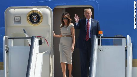 US President Donald Trump and First Lady Melania Trump arrive at London Stansted Airport on Thursday.