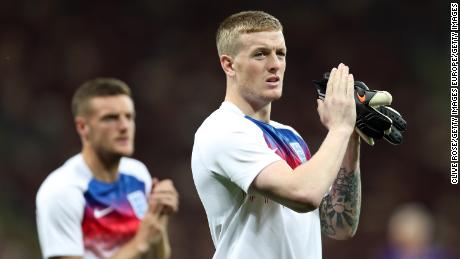 Jordan Pickford of England applauds fans at the World Cup semifinal against Croatia. 