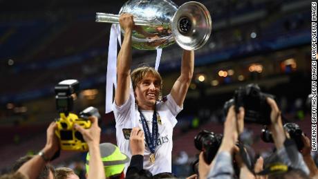 Luka Modric of Real Madrid celebrates winning his fourth UEFA Champions League