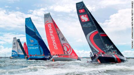 The start of Leg 11 at the Volvo Ocean Race in Gothenburg, Sweden, is pictured on June 21, 2018. - The Volvo Ocean Race set off on the last leg of its round-the-world odyssey on Thursday, 21 June, with three boats effectively tied for the lead. (Photo by Thomas JOHANSSON / TT News Agency / AFP) / Sweden OUT        (Photo credit should read THOMAS JOHANSSON/AFP/Getty Images)