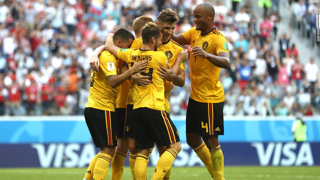 Belgian players celebrate Eden Hazard&#39;s goal in the third-place match against England on Saturday, July 14. The Belgians won 2-0.