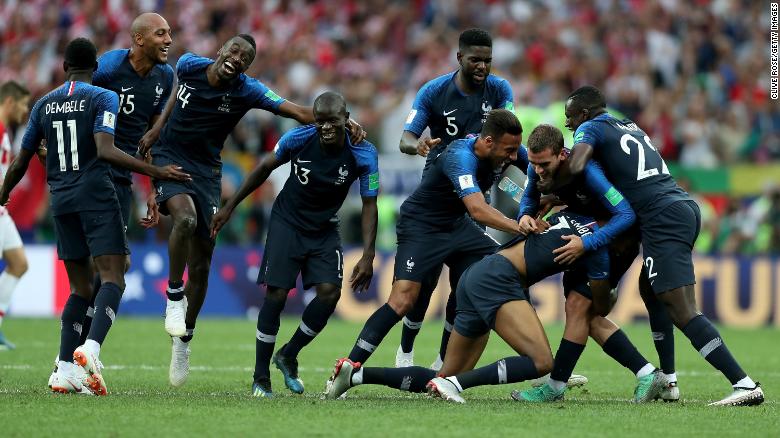 French players celebrate their World Cup win at Russia 2018. 