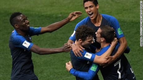 France&#39;s forward Antoine Griezmann, France&#39;s defender Benjamin Pavard, France&#39;s defender Raphael Varane  and France&#39;s midfielder Blaise Matuidi celebrate Croatia&#39;s forward Mario Mandzukic&#39;s own goal during their Russia 2018 World Cup final football match between France and Croatia at the Luzhniki Stadium in Moscow on July 15, 2018. (Photo by GABRIEL BOUYS / AFP) / RESTRICTED TO EDITORIAL USE - NO MOBILE PUSH ALERTS/DOWNLOADS        (Photo credit should read GABRIEL BOUYS/AFP/Getty Images)