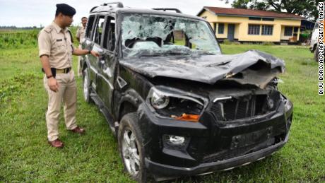 This photo taken on July 10, 2018 shows a damaged vehicle in which two men were traveling in Assam when they were attacked by a mob. 
