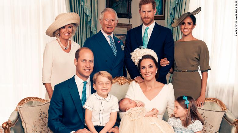 For first publication 22.30 hours BST on Sunday July 15th 2018: OFFICIAL PORTRAIT OF THE CHRISTENING OF PRINCE LOUIS. OBLIGATORY CREDIT LINE: PHOTO MATT HOLYOAK/CAMERA PRESS. Official portrait taken in the Morning Room at Clarence House, following the christening of Prince Louis at St James?s Chapel. Seated (left to right): The Duke of Cambridge, Prince George, Prince Louis, The Duchess of Cambridge, Princess Charlotte. Standing (left to right): The Duchess of Cornwall, The Prince of Wales, The Duke of Sussex, The Duchess of Sussex. THIS PHOTOGRAPH IS PROVIDED FOR FREE NEWS USAGE IN CONNECTION WITH PRINCE LOUIS?S CHRISTENING UNTIL JULY 29TH 2018 . AFTER WHICH IT MUST BE REMOVED FROM ALL YOUR SYSTEMS. USAGE RIGHTS ARE STRICTLY EDITORIAL NEWS ONLY, NO COMMERCIAL, SOUVENIR OR PROMOTIONAL USE PERMITTED. MAGAZINE COVER USAGES REQUIRE APPROVAL. THE PHOTOGRAPH CANNOT BE CROPPED, MANIPULATED OR ALTERED IN ANY WAY.