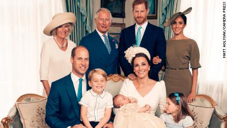 For first publication 22.30 hours BST on Sunday July 15th 2018:
OFFICIAL PORTRAIT OF THE CHRISTENING OF PRINCE LOUIS. OBLIGATORY CREDIT LINE: PHOTO MATT HOLYOAK/CAMERA PRESS.         
Official portrait taken in the Morning Room at Clarence House, following the christening of Prince Louis at St James?s Chapel.
Seated (left to right): The Duke of Cambridge, Prince George, Prince Louis, The Duchess of Cambridge, Princess Charlotte.
Standing (left to right): The Duchess of Cornwall, The Prince of Wales, The Duke of Sussex, The Duchess of Sussex.
THIS PHOTOGRAPH IS PROVIDED FOR FREE NEWS USAGE IN CONNECTION WITH PRINCE LOUIS?S CHRISTENING UNTIL JULY 29TH 2018 . AFTER WHICH IT MUST BE REMOVED FROM ALL YOUR SYSTEMS. USAGE RIGHTS ARE STRICTLY EDITORIAL NEWS ONLY, NO COMMERCIAL, SOUVENIR OR PROMOTIONAL USE PERMITTED. MAGAZINE COVER USAGES REQUIRE APPROVAL. THE PHOTOGRAPH CANNOT BE CROPPED, MANIPULATED OR ALTERED IN ANY WAY.