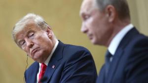 HELSINKI, FINLAND  JULY 16, 2018: US President Donald Trump (L) and Russia's President Vladimir Putin give a joint news conference following their meeting at the Presidential Palace. Valery Sharifulin/TASS (Photo by Valery Sharifulin\TASS via Getty Images)