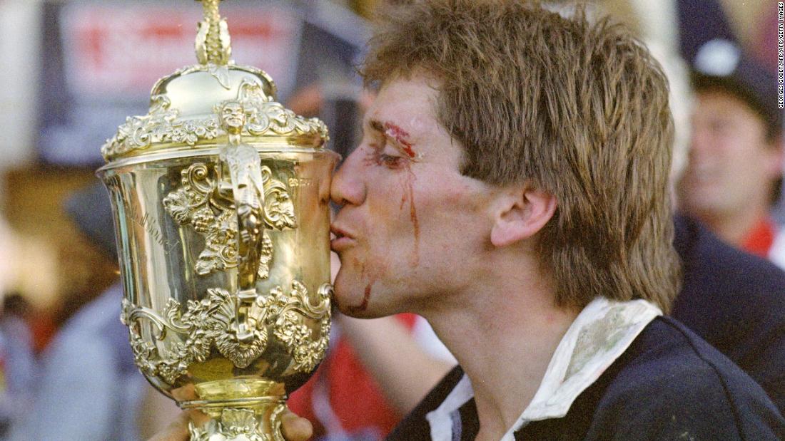 The All Blacks won the inaugural Rugby World Cup on home soil in 1987. Captain David Kirk kisses the trophy following victory over France in Auckland. 