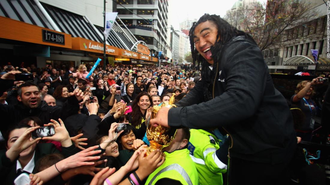 The All Blacks ended a 24-year drought when they lifted the Web Ellis trophy on home soil in 2011. Here, Ma&#39;a Nonu greets raucous crowds during the victory parade in Wellington. 