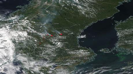 NASA MODIS satellite image shows multiple large fires (in red) burning in central and southern Sweden on Tuesday, spreading smoke for hundreds of kilometers across Scandinavia. 