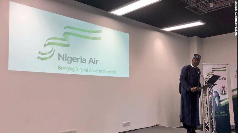 Nigerian Minister of State for Aviation, Hadi Sirika unveils the name and logo of Nigeria&#39;s new national airline at the Farnborough International Air Show in London on July 18, 2018. 