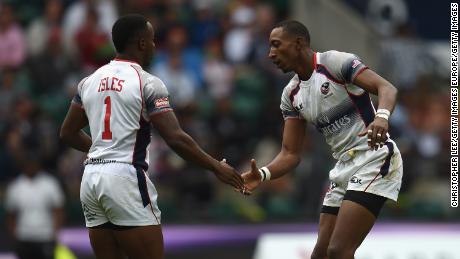 Perry Baker and Carlin Isles at the 2015 London Sevens, which the US team won. 