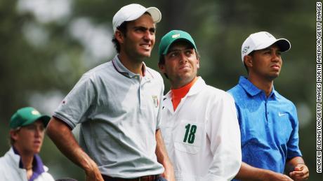 Tiger Woods and amateur Edoardo Molinari on the fourth tee during the second round of The Masters, 2006.