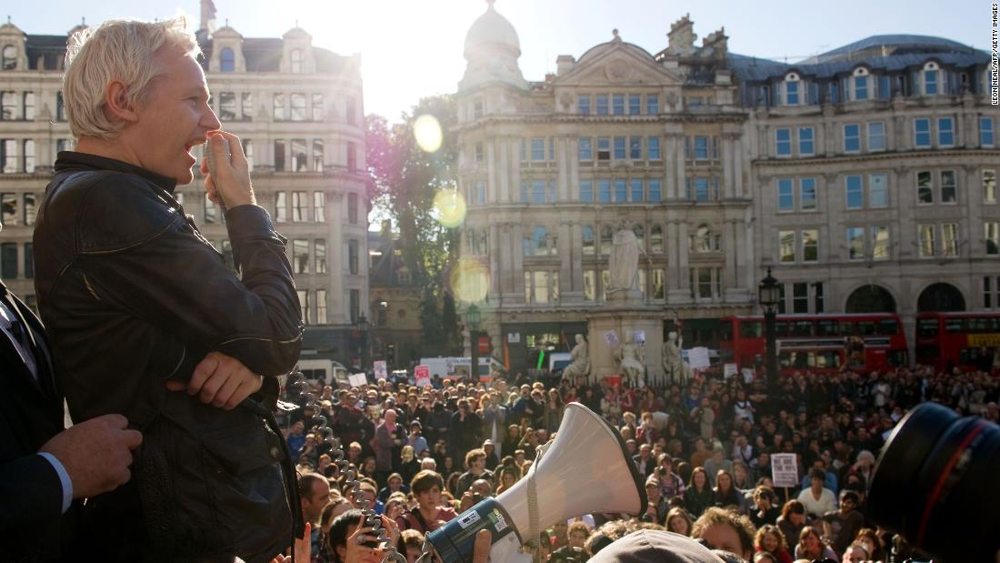 In October 2011, a month after WikiLeaks released more than 250,000 US diplomatic cables, Assange speaks to demonstrators from the steps of St. Paul's Cathedral in London.