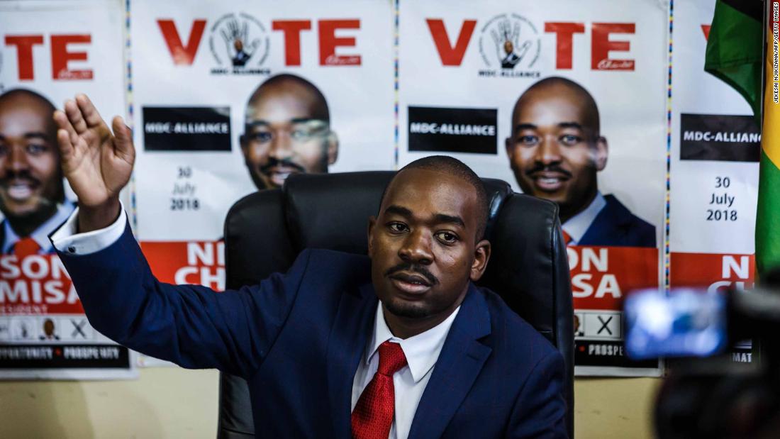 Zimbabwe&#39;s Movement for Democratic Change (MDC) party leader Nelson Chamisa holds a press conference at the MDC headquarters in Harare.