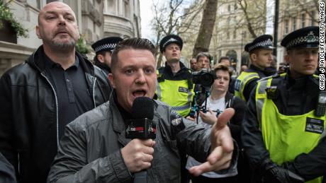 Tommy Robinson at a protest in London in 2017 after a terror attack in the UK capital.