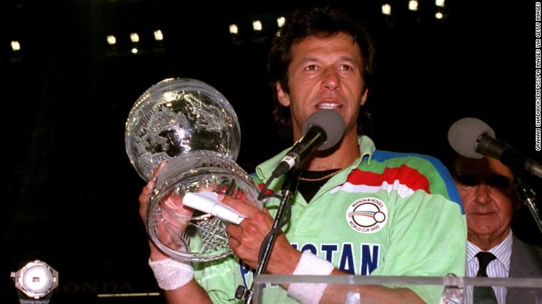 Imran Khan with the cricket World Cup after Pakistan's 1992 win.