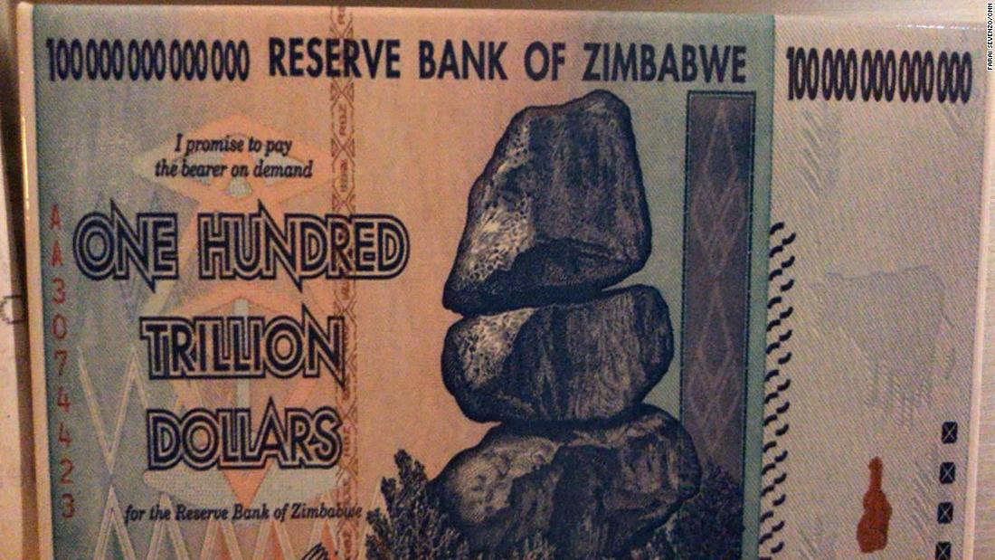 A 100 trillion dollar note from the era before Zimbabwe dropped its own currency and adopted the US dollar.