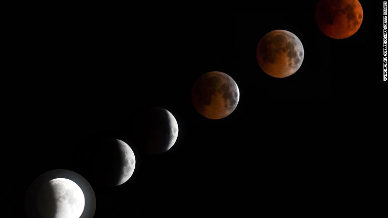This composite photo shows several images of the moon as it goes though the different stages of the eclipse. The photos were taken in Bishkek, Kyrgyzstan.