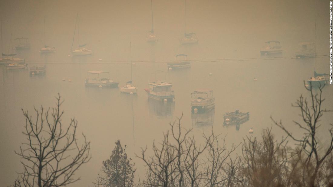 Boats sit at Whiskeytown Lake, near where the Carr Fire originated, on Sunday, July 29.