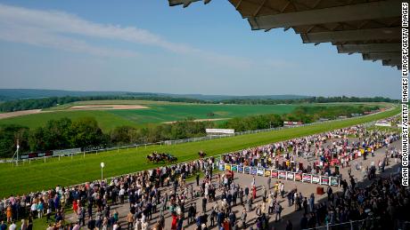 A general view as runners approach the finish at Goodwood Racecourse.