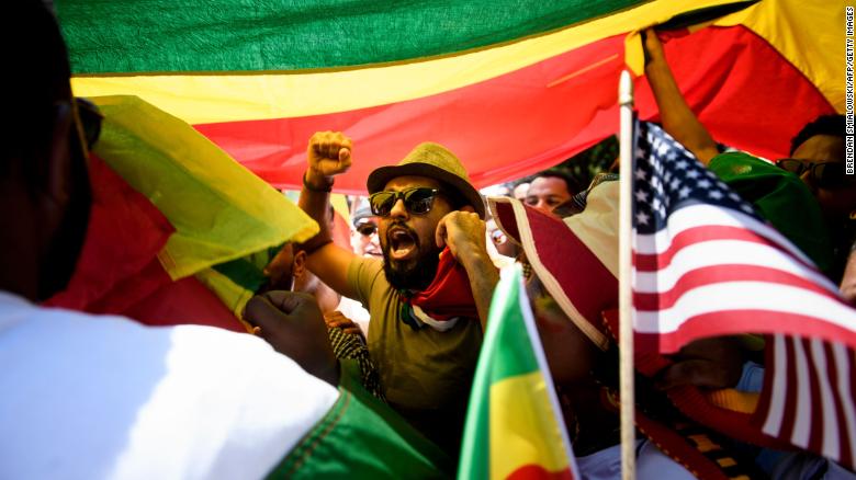 Supporters of Ethiopia&#39;s Prime Minister Abiy Ahmed rally for US support outside the State Department on June 26.