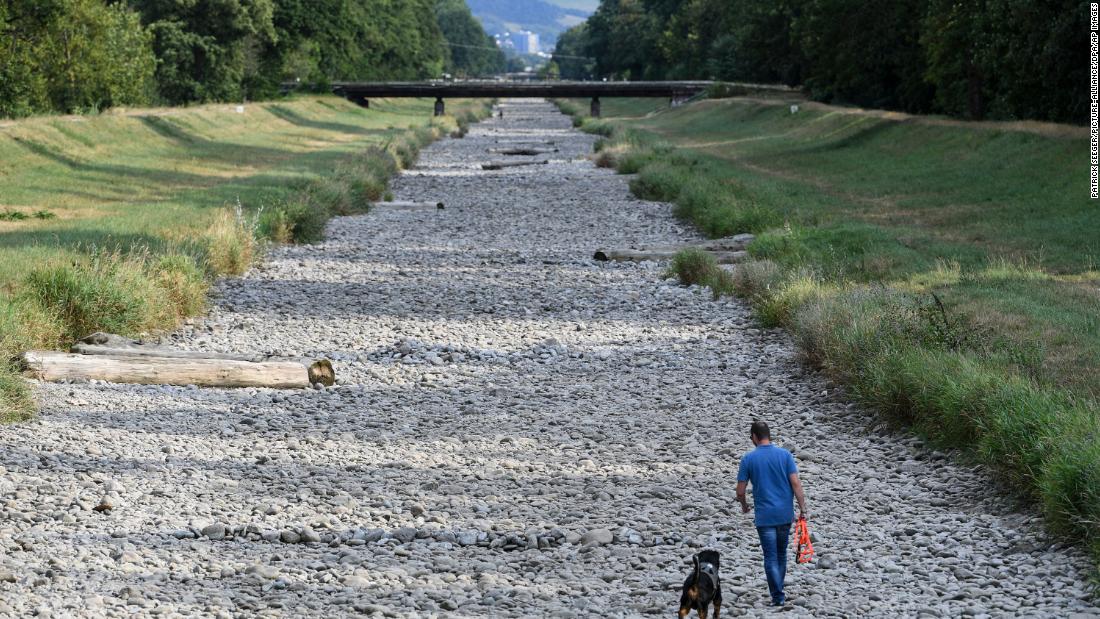 A man walks his dog in the dry riverbed of the Dreisam in Freiburg, Germany, on August 1.