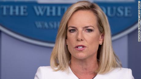 US Homeland Security Secretary Kirstjen Nielsen speaks during press briefing on national security at the White House in Washington, DC, on August 2, 2018. - The US government on Thursday accused Russia of carrying out a &quot;pervasive&quot; campaign to influence public opinion and elections, in a public warning just months before crucial legislative elections. (Photo by NICHOLAS KAMM / AFP)        (Photo credit should read NICHOLAS KAMM/AFP/Getty Images)