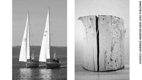 Aëgerter said she made this pairing because of the parallels in the ways black vertical lines split the two mediums: on the left, sky and water, and on the right, painted wood. &quot;The reason I probably like it is the rhythm of the image, the interruption by the black lines,&quot; she said. The boats&#39; masts divide the image into neat thirds, while the crack in the wooden stump creates two equal halves. 
