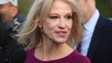 White House Counselor Kellyanne Conway speaks to reporters on the White House driveway after doing a television interview, on April 13, 2018 in Washington, DC.  (Mark Wilson/Getty Images)