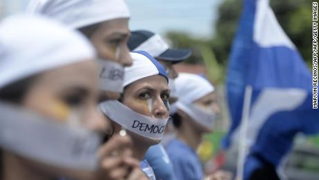 Protesters in Managua march on July 28. The protests continued this weekend.