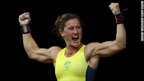 GOLD COAST, AUSTRALIA - APRIL 06:  Tia-Clair Toomey of Australia reacts after winning the gold medal during the Women&#39;s 58kg Weightlifting Final on day two of the Gold Coast 2018 Commonwealth Games at Carrara Sports and Leisure Centre on April 6, 2018 on the Gold Coast, Australia.  (Photo by Robert Cianflone/Getty Images)