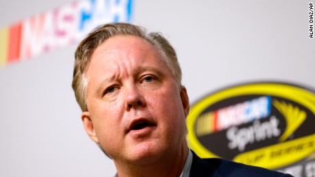 Brian France, NASCAR Chairman and CEO, talks to reporters at a news conference on Nov. 20, 2015.