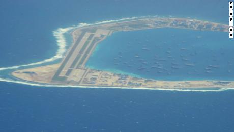 The Chinese-controlled artificial island of Mischief Reef in the South China Sea, as seen by CNN from a US reconnaissance plane on August 10.
