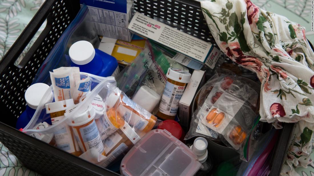 A basket filled with various medications stands as a reminder of Weissman&#39;s cancer battle. 