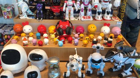 An array of educational robots on display in a electronics store in Shenzhen, China. AI-powered toys are sought-after digital consumables in Chinese market, and they can be as cheap as around $100. 
