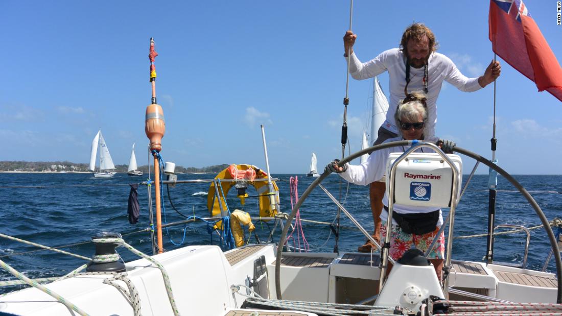 Helen and Chris Tibbs aboard &quot;Taistealai,&quot; their 40-foot Wauquiez Centurion yacht. The British couple took a career break of a year to sail the World ARC in 2017.