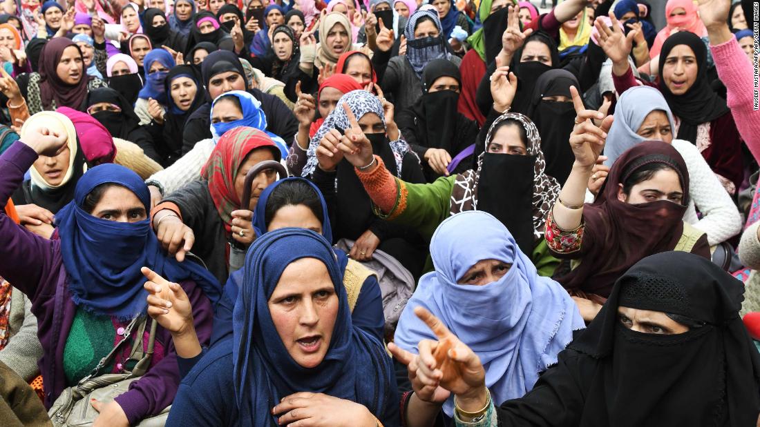 Anganwadi workers shout slogans during a protest calling for justice following the rape and murder of an eight-year-old girl in the Indian state of Jammu and Kashmir.