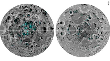 The distribution of surface ice at the moon's south pole (left) and north pole (right). Blue represents the ice locations, plotted over an image of the lunar surface.