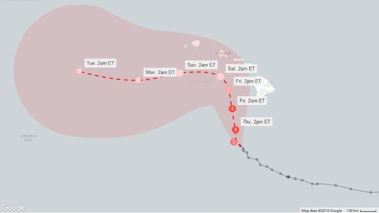 This forecast cone, created 8 a.m. ET Thursday (2 a.m. in Hawaii), shows the probable range of Hurricane Lane's center for five days. 