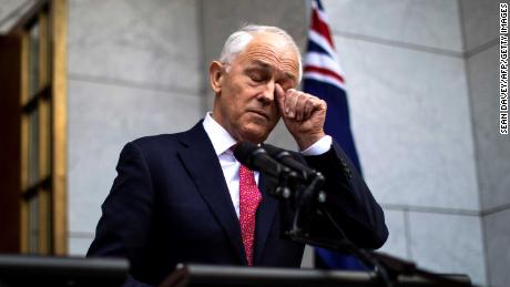 Australia&#39;s Prime Minister Malcolm Turnbull gestures as he takes part in a press conference in Canberra on August 21.