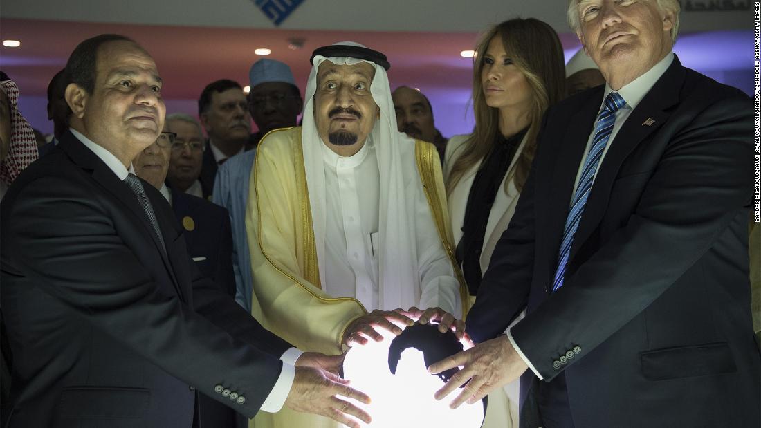From right, President Trump, first lady Melania Trump, Saudi King Salman bin Abdulaziz Al Saud and Egyptian President Abdel Fattah el-Sisi attend an inauguration ceremony for the Global Center for Combating Extremist Ideology. The facility is in Riyadh, Saudi Arabia. &lt;a href=&quot;http://www.cnn.com/2017/05/20/politics/gallery/trump-first-foreign-trip/index.html&quot; target=&quot;_blank&quot;&gt;See more photos from Trump&#39;s first foreign tour in May 2017&lt;/a&gt;