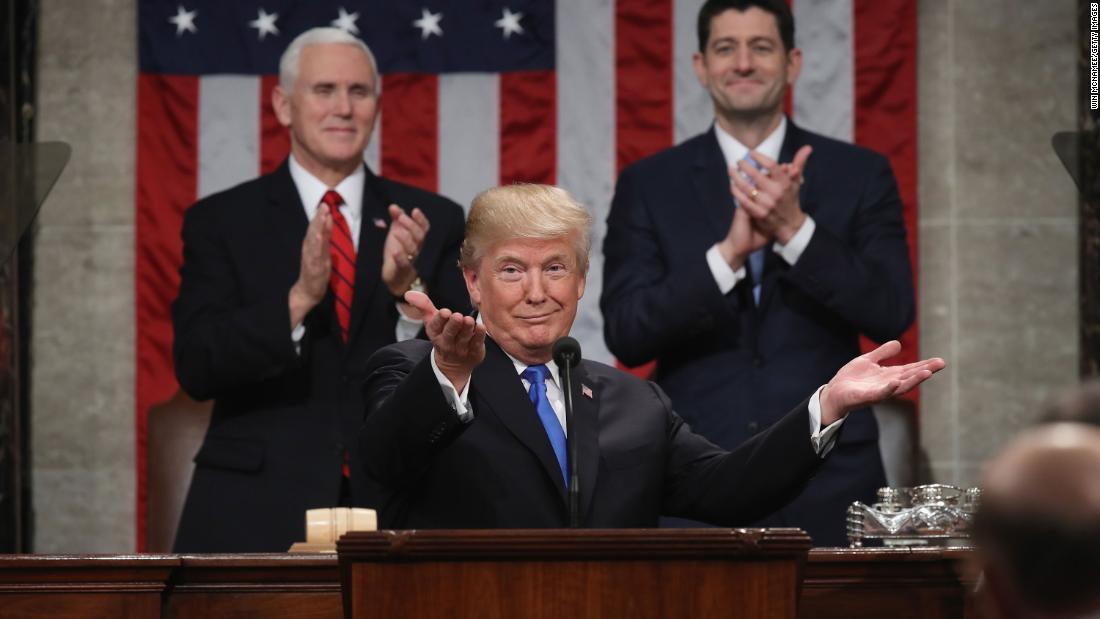 Trump gestures during &lt;a href=&quot;https://www.cnn.com/interactive/2018/01/politics/state-of-the-union-cnnphotos/&quot; target=&quot;_blank&quot;&gt;his State of the Union address&lt;/a&gt; in January 2018. Trump declared that the &quot;state of our union is strong because our people are strong. Together, we are building a safe, strong and proud America.&quot;