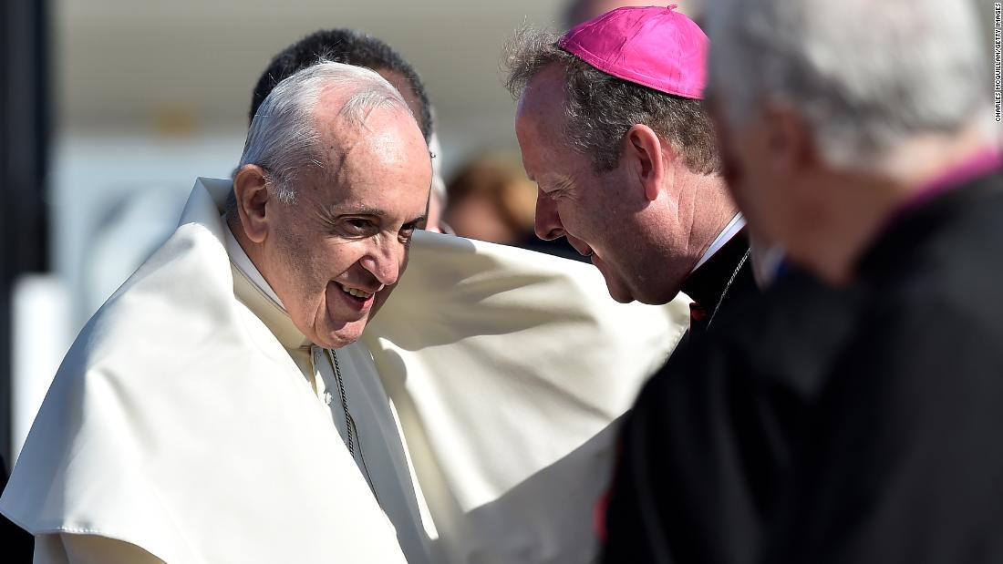 The Pope is greeted by Archbishop Eamon Martin as he arrives at Dublin Airport on Saturday.