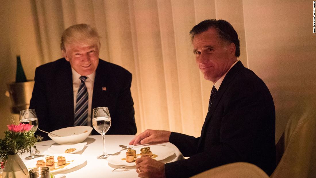 Trump &lt;a href=&quot;http://www.cnn.com/2016/11/29/politics/donald-trump-mitt-romney-jean-georges/&quot; target=&quot;_blank&quot;&gt;shares a meal in New York&lt;/a&gt; with Mitt Romney in November 2016. Trump and his transition team were in the process of filling high-level positions for the new administration, and Romney was reportedly in the running for secretary of state. That job ended up going to Rex Tillerson.