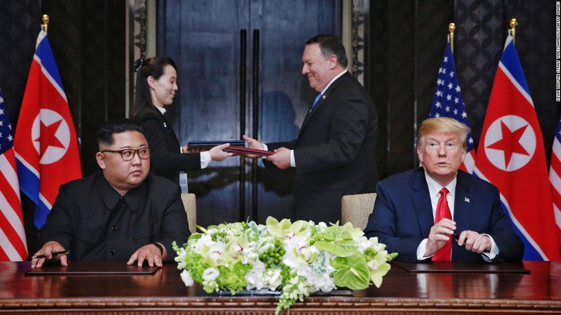 Trump sits with North Korean leader Kim Jong Un during &lt;a href=&quot;https://www.cnn.com/interactive/2018/06/politics/trump-kim-summit-cnnphotos/index.html&quot; target=&quot;_blank&quot;&gt;their historic summit in Singapore&lt;/a&gt; in June 2018. It was the first meeting ever between a sitting US president and a North Korean leader. At the end of the summit, they signed a document in which they agreed &quot;to work toward complete denuclearization of the Korean Peninsula.&quot; In exchange, Trump agreed to &quot;provide security guarantees&quot; to North Korea.