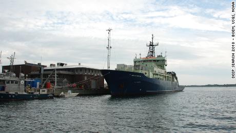 The R/V Atlantis docked at its home port at the Woods Hole Oceanographic Institution in Woods Hole, Massachusetts.